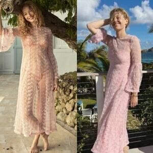 DOEN Adalise Dress Tulip Pink Floral Lace Sheer Beach Cover-Up Size Large NWT